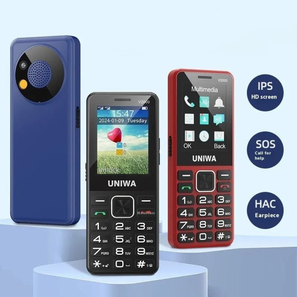 Celular UNIWA V2000 con Botón SOS, Base de Carga y Teclas Grandes - paraelabuelo.com